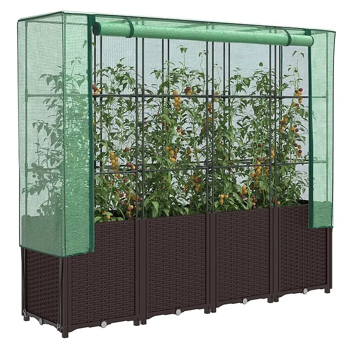 Furnicato Hochbeet Inklusive Gewächshaus-Aufsatz - 160 x 40 x 153 cm, Kunststoff, Braun - Braunes Hochbeet in Rattan-Optik mit grünem Gewächshausabdeckung und schwarzem Rankgitter, voller Tomatenpflanzen.