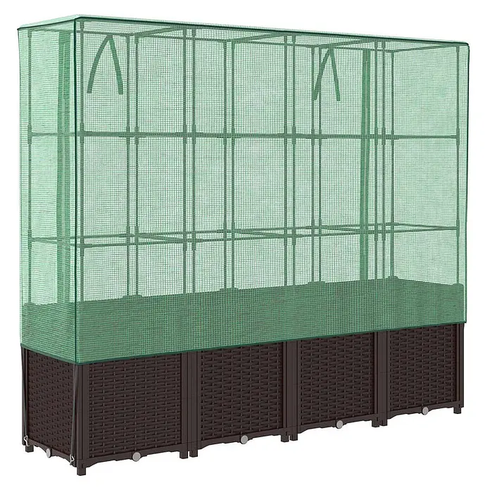 Furnicato Hochbeet Inklusive Gewächshaus-Aufsatz - 160 x 40 x 153 cm, Kunststoff, Braun - Dunkelbraunes Hochbeet mit schützender grüner Gitter-Gewächshausabdeckung.
