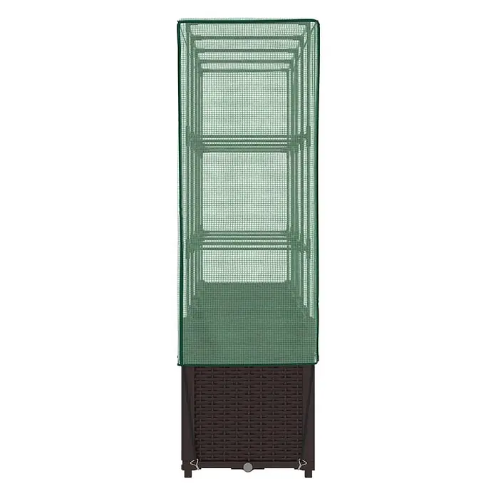 Furnicato Hochbeet Inklusive Gewächshaus-Aufsatz - 160 x 40 x 153 cm, Kunststoff, Braun - Braunes Hochbeet mit Rattan-Struktur und grünem, durchscheinendem Netz-Gewächshausaufsatz mit Innenregalen.