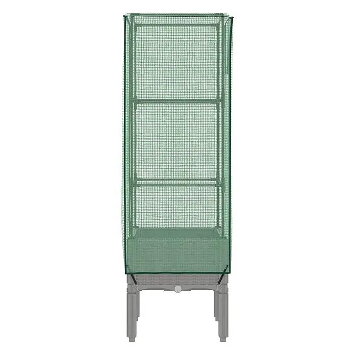 Furnicato Hochbeet Inklusive Gewächshaus-Aufsatz - 40 x 40 x 140 cm, Kunststoff, Hellgrau - Hochbeet mit grauem Unterbau und grüner, transparenter Gewächshausabdeckung mit sichtbaren Regalen.