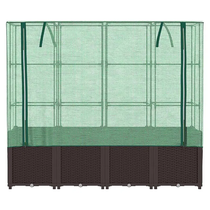Furnicato Hochbeet Inklusive Gewächshaus-Aufsatz - 160 x 40 x 153 cm, Kunststoff, Braun - Braunes Hochbeet in Rattan-Optik mit grüner Gewächshausabdeckung.