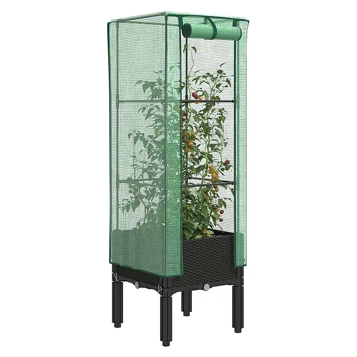 Furnicato Hochbeet Inklusive Gewächshaus-Aufsatz - 40 x 40 x 140 cm, Kunststoff, Schwarz - Hochbeet mit grünem Gewächshausnetz und schwarzen Beinen, das Tomatenpflanzen mit Früchten enthält.