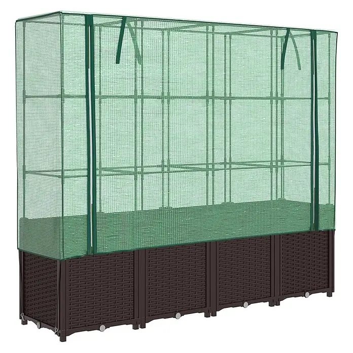 Furnicato Hochbeet Inklusive Gewächshaus-Aufsatz - 160 x 40 x 153 cm, Kunststoff, Braun - Braunes Hochbeet mit grünem Netz-Gewächshausaufsatz.