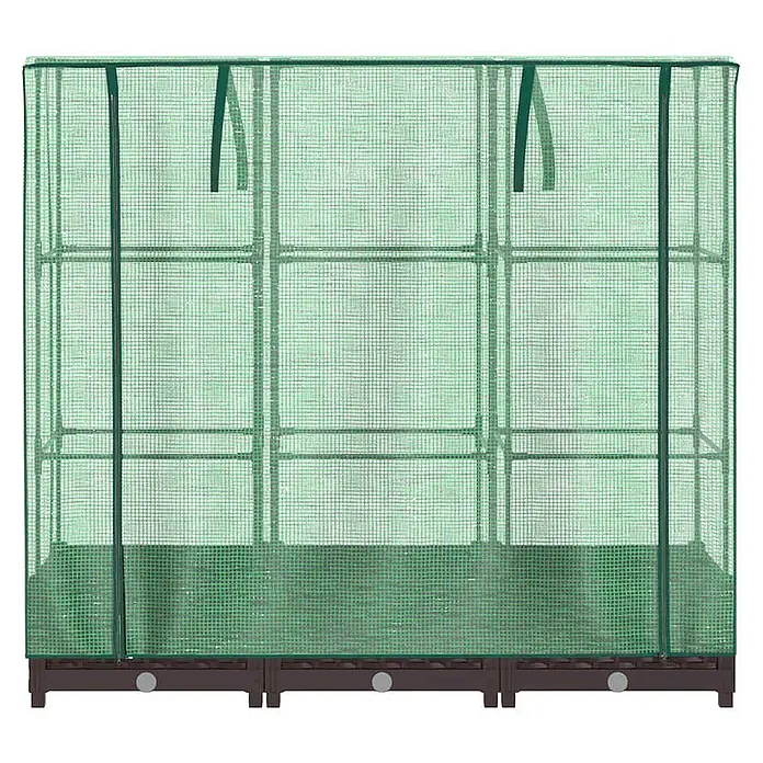 Furnicato Hochbeet Inklusive Gewächshaus-Aufsatz - 120 x 40 x 123 cm, Kunststoff, Braun - Grünes begehbares Gewächshaus mit Netzabdeckung und braunem Unterbau für Pflanzenzucht.