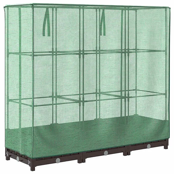 Furnicato Hochbeet Inklusive Gewächshaus-Aufsatz - 120 x 40 x 123 cm, Kunststoff, Braun - Grünes Netzgewächshaus mit Innenregalen und dunkelbraunem Hochbeet.