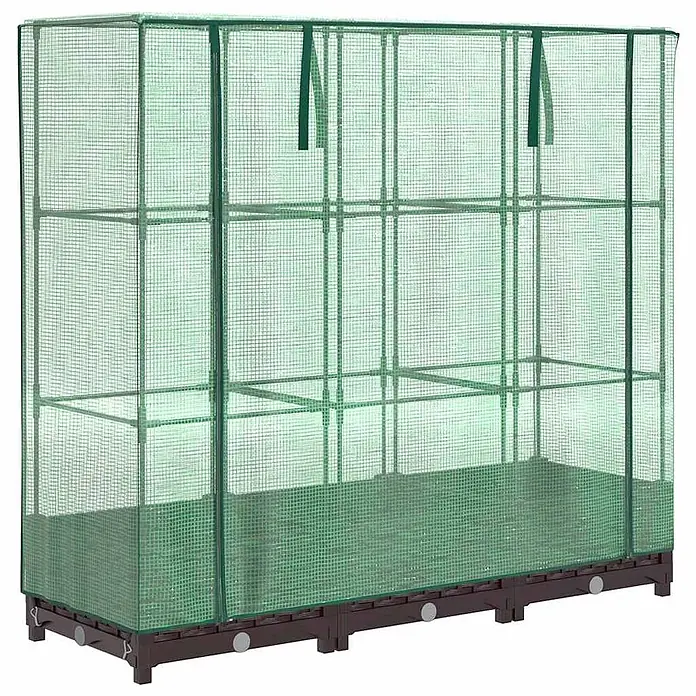 Furnicato Hochbeet Inklusive Gewächshaus-Aufsatz - 120 x 40 x 123 cm, Kunststoff, Braun - Grünes tragbares Gewächshaus mit transparenter Netzabdeckung und mehreren Regalebenen auf dunklem Sockel.