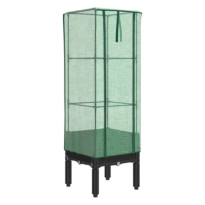 Furnicato Hochbeet Inklusive Gewächshaus-Aufsatz - 40 x 40 x 140 cm, Kunststoff, Schwarz - Grüne Gewächshausabdeckung aus Netz über schwarzem Hochbeet mit Beinen.