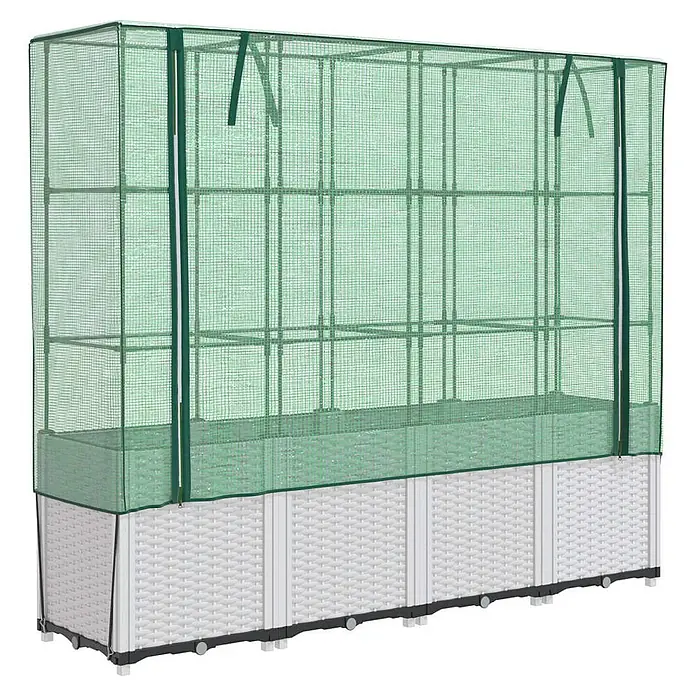 Furnicato Hochbeet Inklusive Gewächshaus-Aufsatz - 160 x 40 x 110 cm, Kunststoff, Weiß - Gewächshaus mit grünem Netzbezug und weißem Hochbeet im Korbflecht-Design.