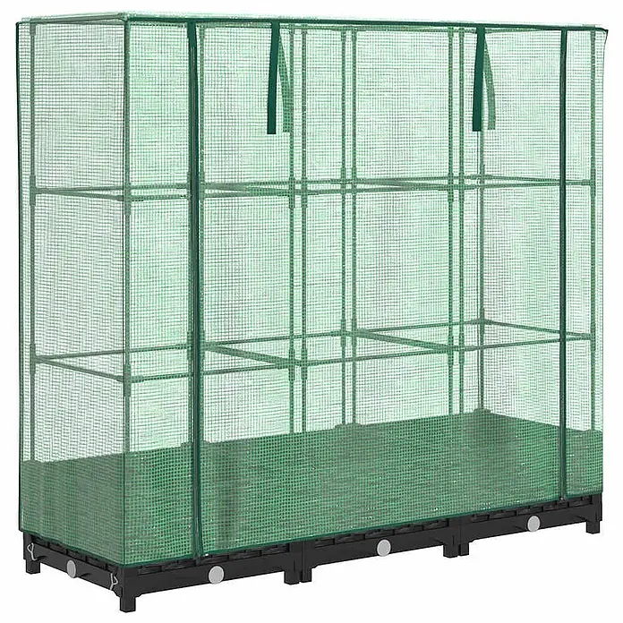Furnicato Hochbeet Inklusive Gewächshaus-Aufsatz - 120 x 40 x 123 cm, Kunststoff, Schwarz - Grünes, transparentes Gittergewächshaus mit mehreren Ablagen auf schwarzem Modulsockel zur Pflanzenzucht.