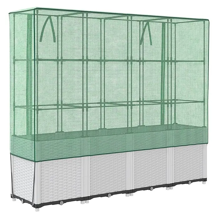 Furnicato Hochbeet Inklusive Gewächshaus-Aufsatz - 160 x 40 x 110 cm, Kunststoff, Weiß - Langes weißes Hochbeet in Rattanoptik mit grünem, transparentem Netz-Gewächshausaufsatz.