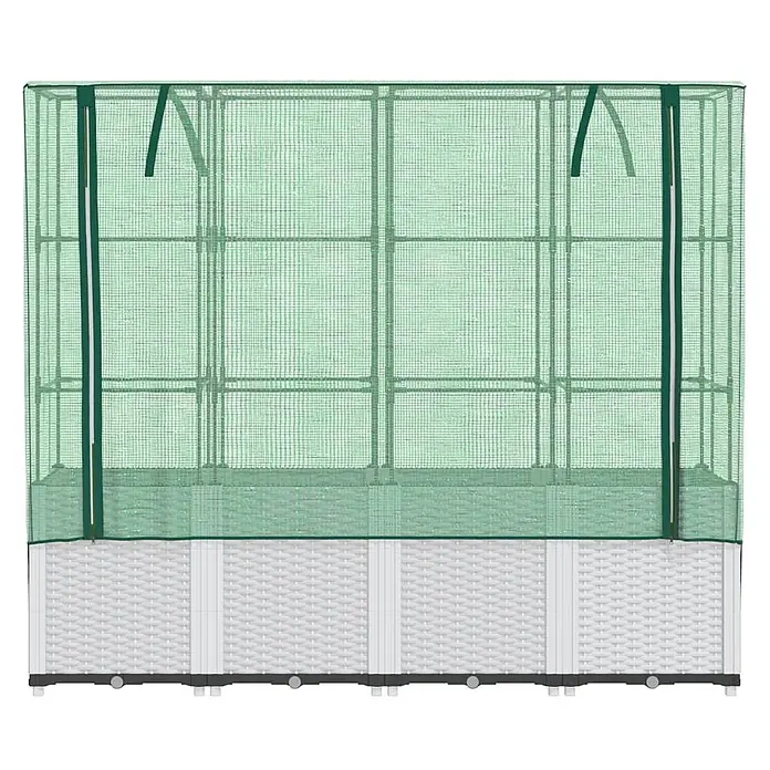 Furnicato Hochbeet Inklusive Gewächshaus-Aufsatz - 160 x 40 x 110 cm, Kunststoff, Weiß - Weißes Hochbeet mit einer transparenten grünen Netz-Gewächshausabdeckung.