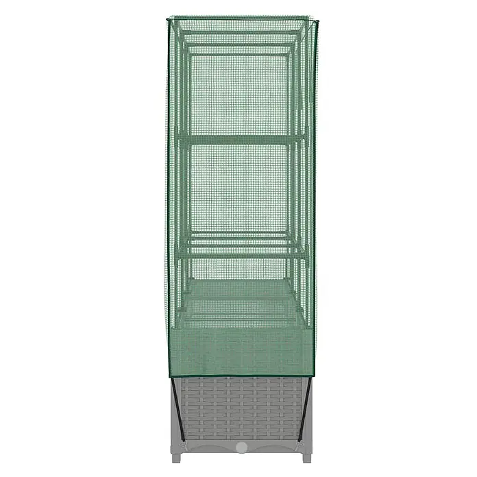 Furnicato Hochbeet Inklusive Gewächshaus-Aufsatz - 120 x 40 x 110 cm, Kunststoff, Hellgrau - Grüner Netz-Gewächshausaufsatz mit Regalen über einem grauen, strukturierten Hochbeet.
