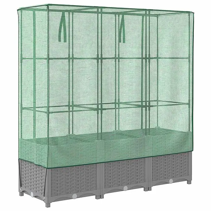 Furnicato Hochbeet Inklusive Gewächshaus-Aufsatz - 120 x 40 x 110 cm, Kunststoff, Hellgrau - Grüne Netz-Gewächshausabdeckung über einem grauen Hochbeet im Rattan-Stil.