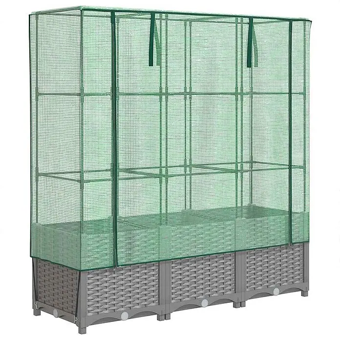 Furnicato Hochbeet Inklusive Gewächshaus-Aufsatz - 120 x 40 x 110 cm, Kunststoff, Hellgrau - Graues Hochbeet in Rattan-Optik mit grünem Netz-Gewächshausaufsatz zum Pflanzenschutz.