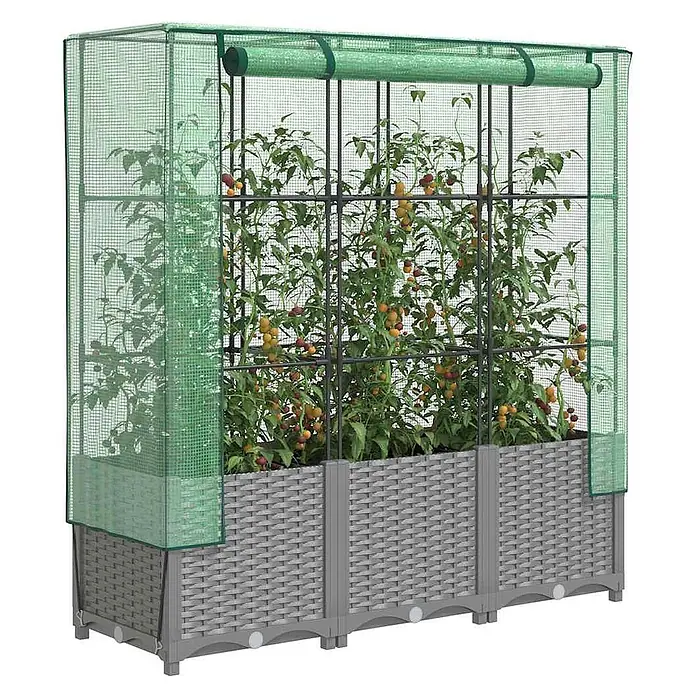 Furnicato Hochbeet Inklusive Gewächshaus-Aufsatz - 120 x 40 x 110 cm, Kunststoff, Hellgrau - Graues Hochbeet im Rattan-Stil mit grünem Gitter-Gewächshausaufsatz für Pflanzen.