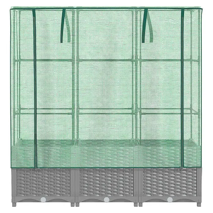 Furnicato Hochbeet Inklusive Gewächshaus-Aufsatz - 120 x 40 x 110 cm, Kunststoff, Hellgrau - Grünes Netzgewächshaus mit grauem Rattan-Sockel für Pflanzen.