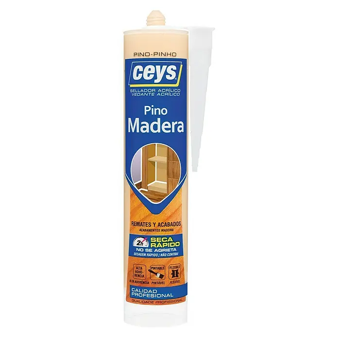 Ceys Sellador acrílico para madera - 280 ml, Pino - Sellador acrílico Ceys en aspecto madera de pino para interior, ideal para acabados de madera limpios y reparaciones, fácil de aplicar y pintable.