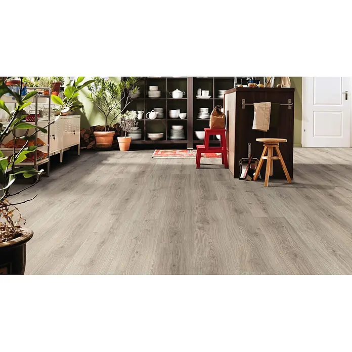 Living by Haro Laminat Gigante - Eiche Laval Grau, Landhausdiele, 2.200 x 243 x 8 mm - Helle, graue Holzdielen schaffen eine natürliche Basis für einen Raum mit Pflanzen und Aufbewahrung.