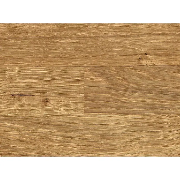 Living by Haro Parkett - Eiche Naturöl, Schiffsboden, 2.200 x 180 x 12 mm - Goldfarbener Holzboden mit natürlicher Maserung und sichtbaren Ästen, horizontal verlegt.