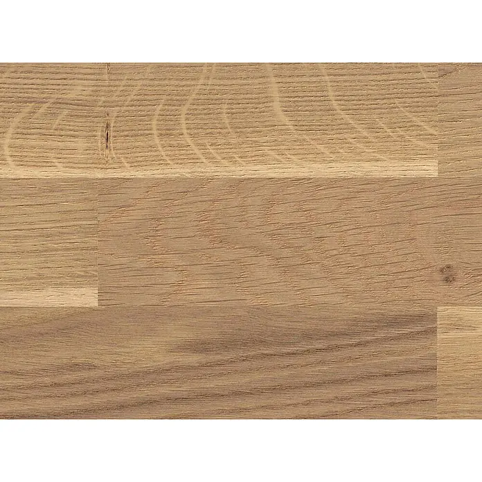Living by Haro Parkett - Eiche Weiß Naturöl, Schiffsboden, 2.200 x 180 x 12 mm - Helle Eichenholz-Boden- oder Arbeitsplattenpaneele mit sichtbarer Maserung und Blockmuster.