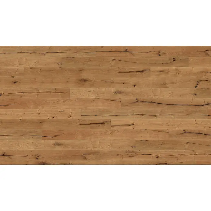 Living by Haro Parkett - Eiche Nevada Naturöl, Landhausdiele, 2.200 x 180 x 12 mm - Heller Eichenholzfußboden mit sichtbaren Ästen und dunklen Rissen, in horizontalen Dielen verlegt.
