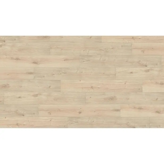 Living by Haro Laminat Sonderedition - Eiche Siena weiß, Landhausdiele, 1.282 x 193 x 7 mm - Heller Holzfußboden mit natürlicher Maserung und Ästen, horizontal verlegt.