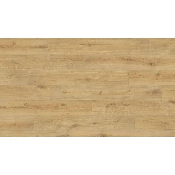 Living by Haro Laminat Sonderedition - Eiche Siena puro, Landhausdiele, 1.282 x 193 x 7 mm - Hellbrauner Holzplankenboden mit natürlicher Maserung und Ästen.