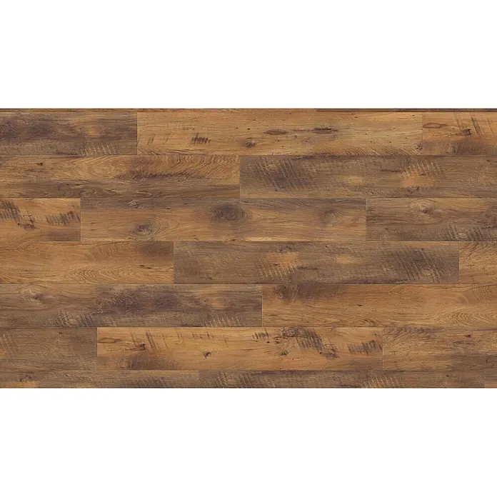 Living by Haro Laminat NKL32 - Eiche Fattoria, Landhausdiele, 1.282 x 193 x 7 mm - Rustikaler brauner Holzplankenboden mit natürlicher Maserung und Ästen, in versetztem Muster verlegt.