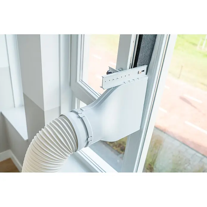 Eurom Adapter Window Way Out - Passend für: Klimageräte bis 18000 BTU - Weißes Fensterkit für mobile Klimaanlage mit Abluftschlauch im Fenster installiert.