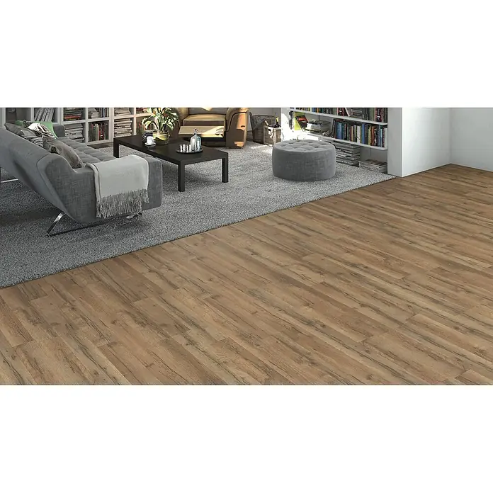 Living by Haro Laminat Sonderedition - Eiche Calabria, 2-Stab, 1.282 x 193 x 7 mm - Naturgetreuer Holzdielenboden in einem Wohnzimmer, teilweise bedeckt von einem grauen Teppich.