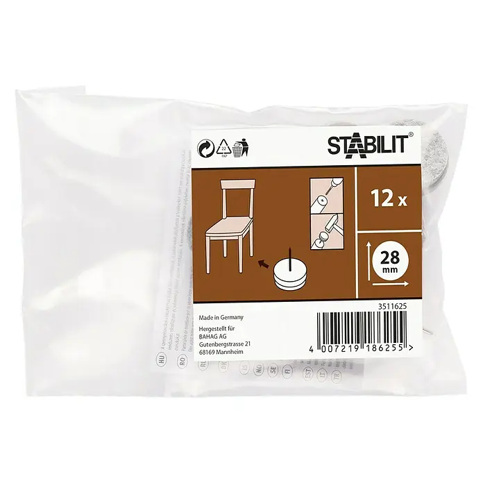 Stabilit FilzgleiterDurchmesser: 28 mm, 12 Stk., Braun, Nageln - Bild einer Packung Stabilit Möbelgleiter, 12 Stück, 28mm, zur einfachen Montage unter Möbeln.