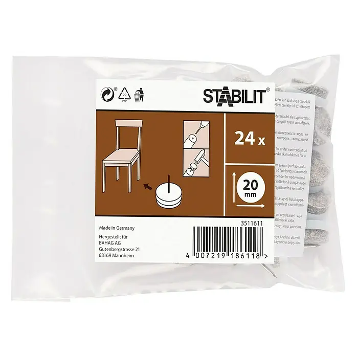 Stabilit Protector para muebles - Diámetro: 20 mm, Redonda, 24 ud., Blanco - Imagen de un paquete de deslizadores para muebles Stabilit, 24 unidades, 20 mm de diámetro, para una fácil instalación bajo sillas.