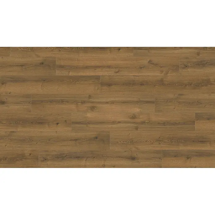 Living by Haro Laminat NKL32 - Eiche Langley natur, Landhausdiele, 1.282 x 193 x 7 mm - Brauner Holzboden mit natürlicher Holzmaserung und Ästen, in versetzten Dielen verlegt.