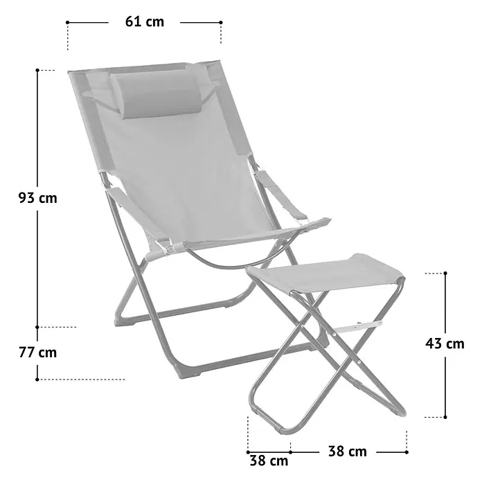 SVITA Garten-Liegestuhl TOMRA mit Hocker - 1 Stk., Pulverbeschichteter Stahl, Kunststoffgewebe, Klappbar, Hellgrau, B x T x H: 61 x 77 x 93 cm - Faltbarer grauer Liegestuhl und passender Hocker mit Metallrahmen, Maße gezeigt.