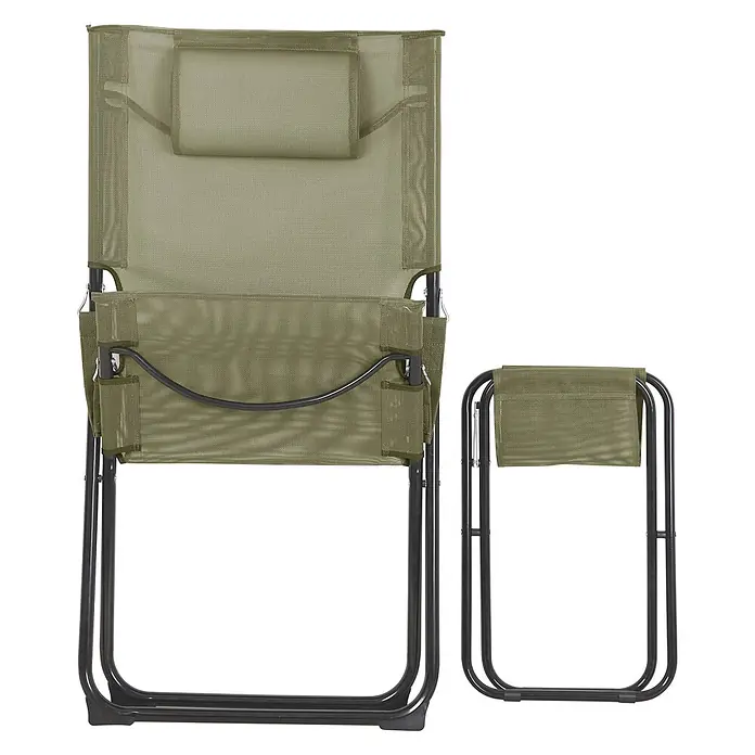 SVITA Garten-Liegestuhl TOMRA mit Hocker - 1 Stk., 50 % Kunststoffgewebe, 50 % Stahl, Klappbar, Grün, B x T x H: 61 x 77 x 93 cm - Ein olivgrüner Klappstuhl aus Netzstoff, offen und kompakt zusammengefaltet für den Transport gezeigt.