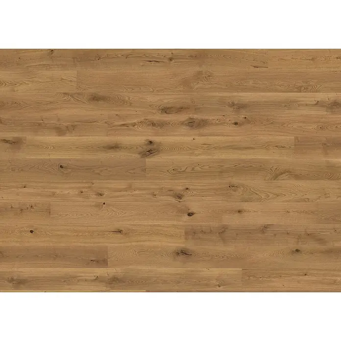 LOGOCLIC Parkett - Eiche versiegelt matt, Landhausdiele, 2.200 x 180 x 11 mm - Natürlicher Eichenholzfußboden mit sichtbarer Maserung und Ästen, in horizontalen Dielen angeordnet.