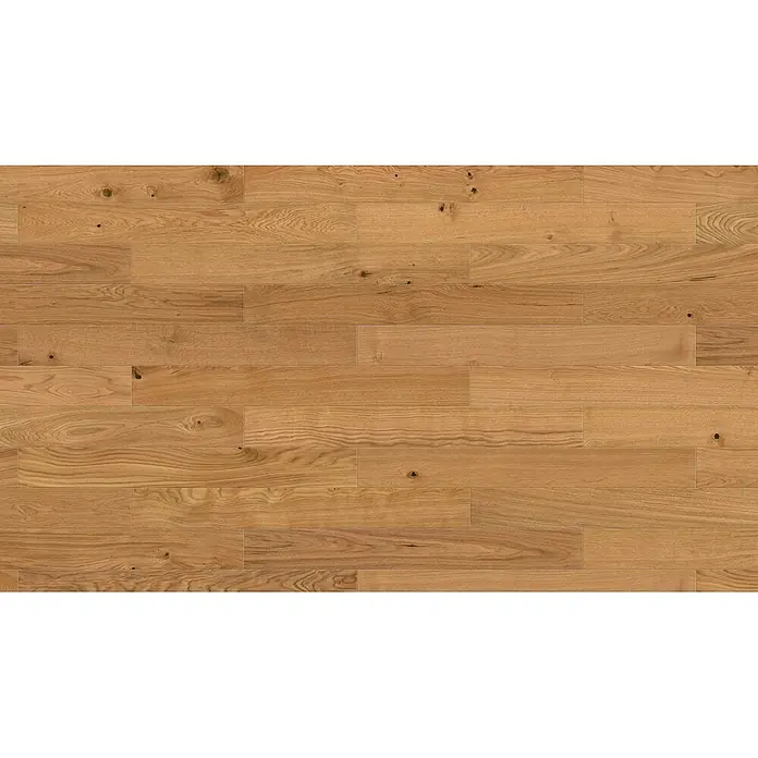 Living by Haro Parkett - Toscana Eiche, Landhausdiele, 1.000 x 120 x 11 mm - Hellbrauner Naturholzfußboden mit sichtbarer Maserung und Ästen.