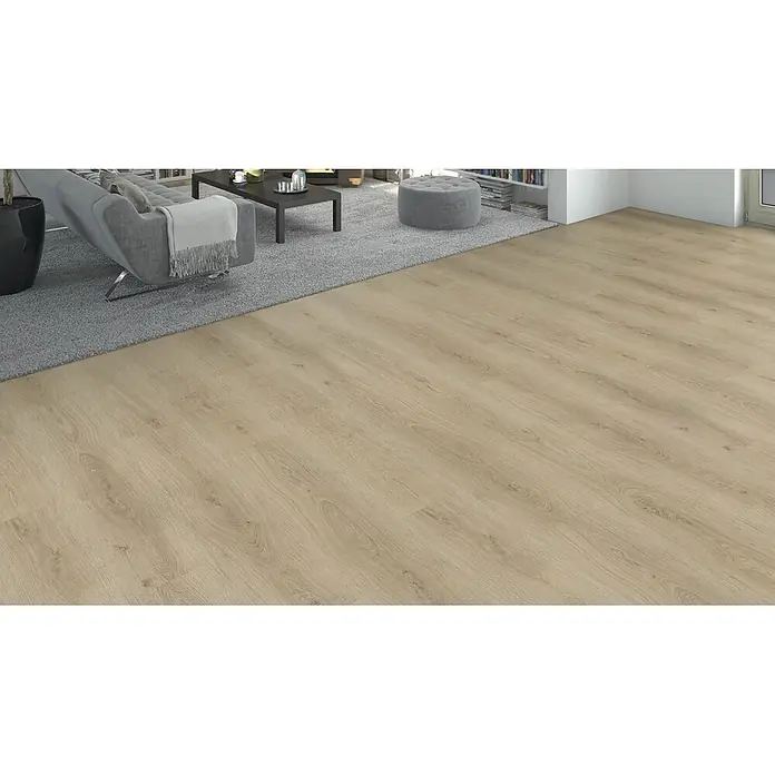 Living by Haro Hydrostar Designboden - Eiche Lucca puro, Landhausdiele, 1.282 x 235 x 6,5 mm - Heller Holzboden in Holzoptik mit natürlicher Maserung in einem modernen Wohnzimmer.