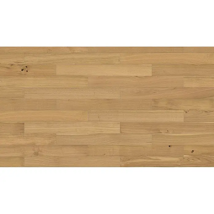 Living by Haro Parkett - Toscana Eiche pure, Landhausdiele, 1.000 x 120 x 11 mm - Heller Holzfußboden mit natürlicher Maserung und vereinzelten Ästen, in versetztem Dielenmuster verlegt.