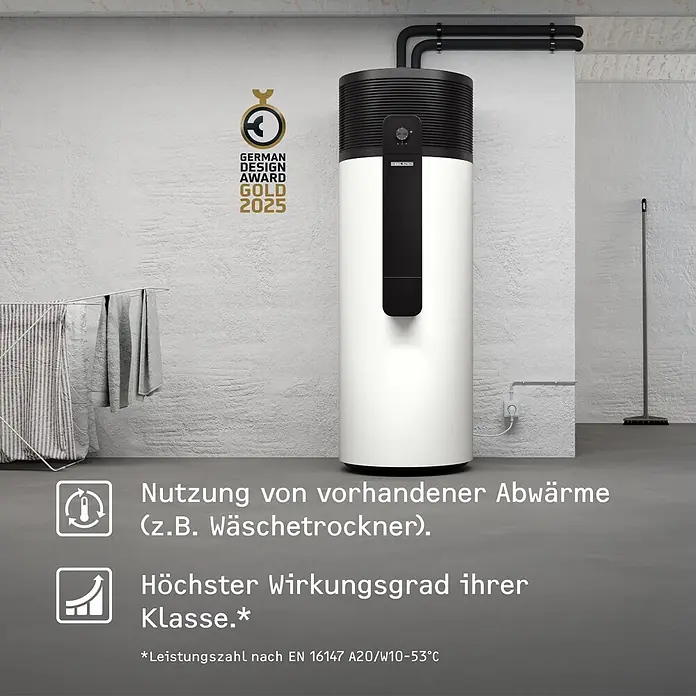 Stiebel Eltron Warmwasser-Wärmepumpe WWK-I 300 W Plus - Heizleistung: 1,845 W, Fassungsvermögen: 294 l - Weiß-schwarzer zylindrischer Wärmepumpen-Warmwasserspeicher, German Design Award Gold 2025 Gewinner, in Hauswirtschaftsraum.