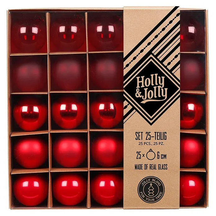 Christbaumkugel-Set Holly & Jolly - Merry Red, Glas, Durchmesser: 6 cm, 25 Stk. - Eine Schachtel mit 25 roten Weihnachtsbaumkugeln (6 cm), teils glänzend, teils matt, aus echtem Glas.