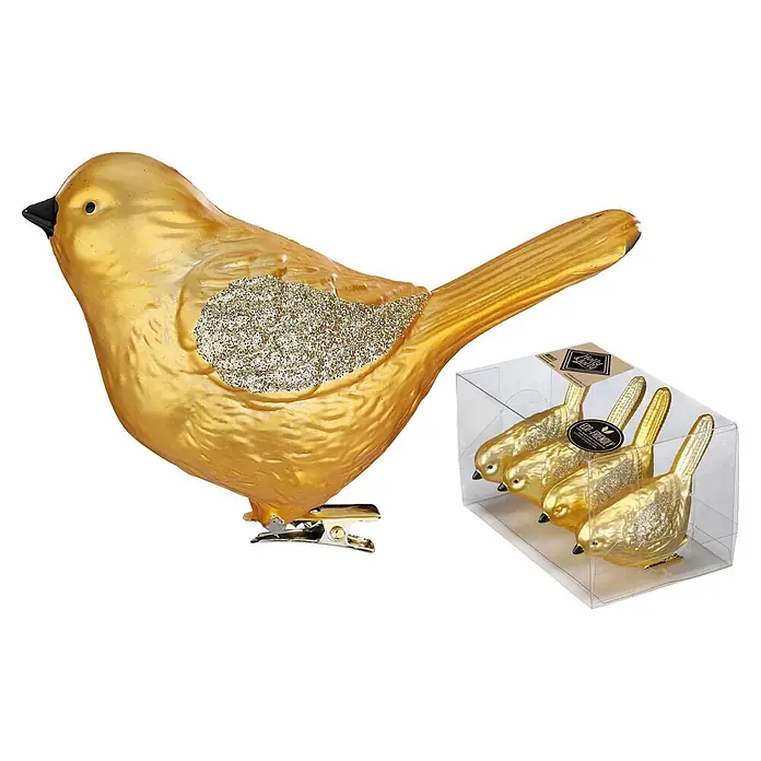 Dekofigur Vögel - Kunststoff - Goldener Vogel-Weihnachtsanhänger mit Glitzerflügeln und Clip, Teil eines 4er-Sets.