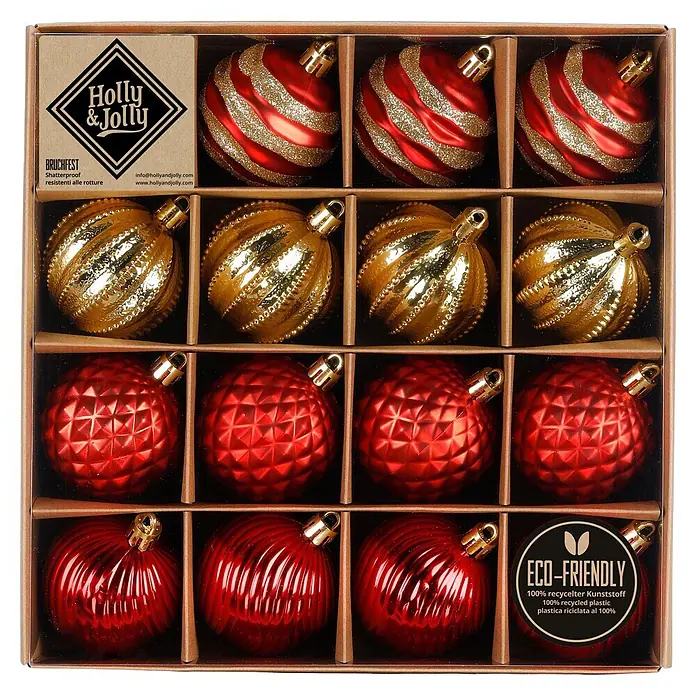 Christbaumkugel-Set Holly & Jolly - Rot/ Gold, Kunststoff, 16 Stk. - Set aus 16 rot-goldenen Weihnachtskugeln aus 100% recyceltem Kunststoff mit verschiedenen Texturen in einer braunen Verpackung.