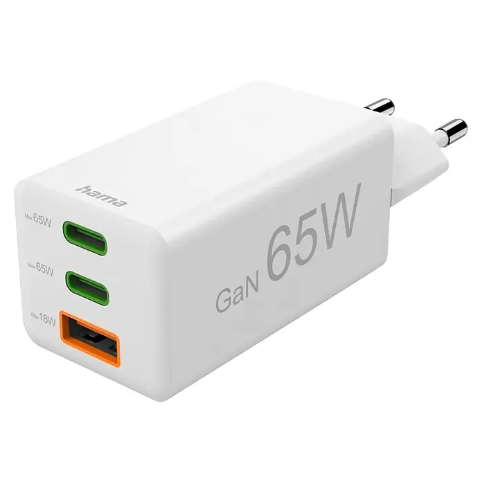 Hama Schnellladegerät 00201996 GaN 2x USB-C 1x USB-A Mini PD 65 W - Weiß - Weißes Hama GaN 65W Ladegerät mit zwei grünen USB-C (65W) und einem orangen USB-A (18W) Port, mit Eurostecker.
