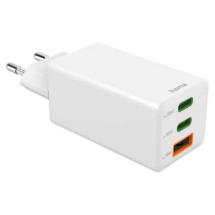 Hama Schnellladegerät 00201996 GaN 2x USB-C 1x USB-A Mini PD 65 W - Weiß - Weißes Hama Multi-Port-Ladegerät mit zwei 65W USB-C und einem 18W USB-A Anschluss, mit EU-Steckerstiften.