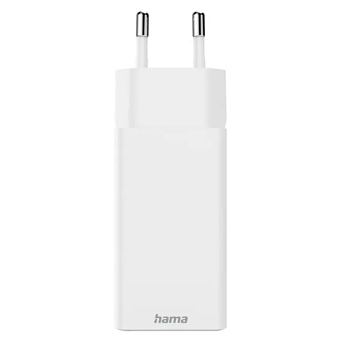 Hama Schnellladegerät 00201996 GaN 2x USB-C 1x USB-A Mini PD 65 W - Weiß - Weißes Hama Netzteil mit zwei silbernen Steckern.