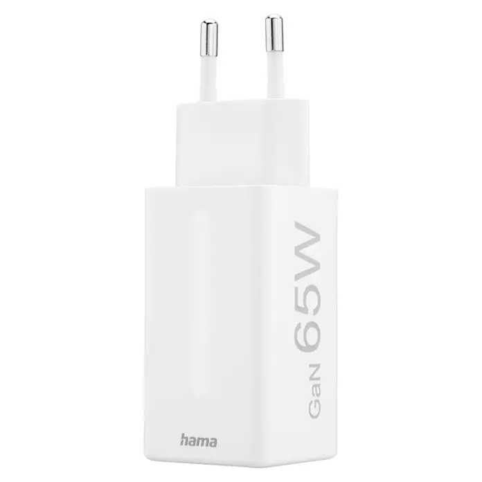 Hama Schnellladegerät 00201996 GaN 2x USB-C 1x USB-A Mini PD 65 W - Weiß - Weißes Hama 65W GaN Netzteil mit zwei silbernen Steckern zum Laden von Geräten.