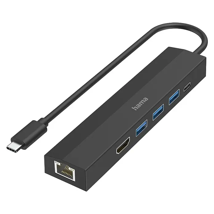 Hama USB-Ladeadapter 00200144 Multiport 6 Ports 3x USB-A USB-C HDMI LAN/Ethernet - Schwarz - Schwarzer Hama USB-C Multiport-Adapter/Hub mit Ethernet-, HDMI-, USB-A- und USB-C-Anschlüssen.