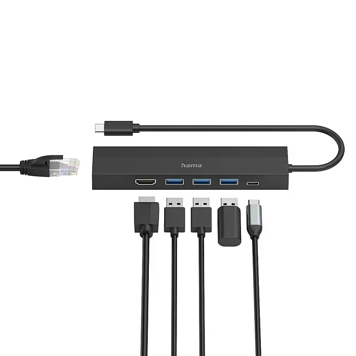 Hama USB-Ladeadapter 00200144 Multiport 6 Ports 3x USB-A USB-C HDMI LAN/Ethernet - Schwarz - Dunkelgrauer Hama USB-C Multi-Port Hub mit HDMI-, 3 USB-A-, USB-C- und Ethernet-Anschlüssen, mit diversen Kabeln.
