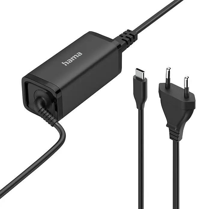 Hama Ladegerät 00200023 GaN Power Delivery - PD - Schwarzes Hama USB-C Netzteil mit integriertem USB-C Kabel und einem separaten europäischen 2-Pol-Stecker-zu-USB-C-Kabel.